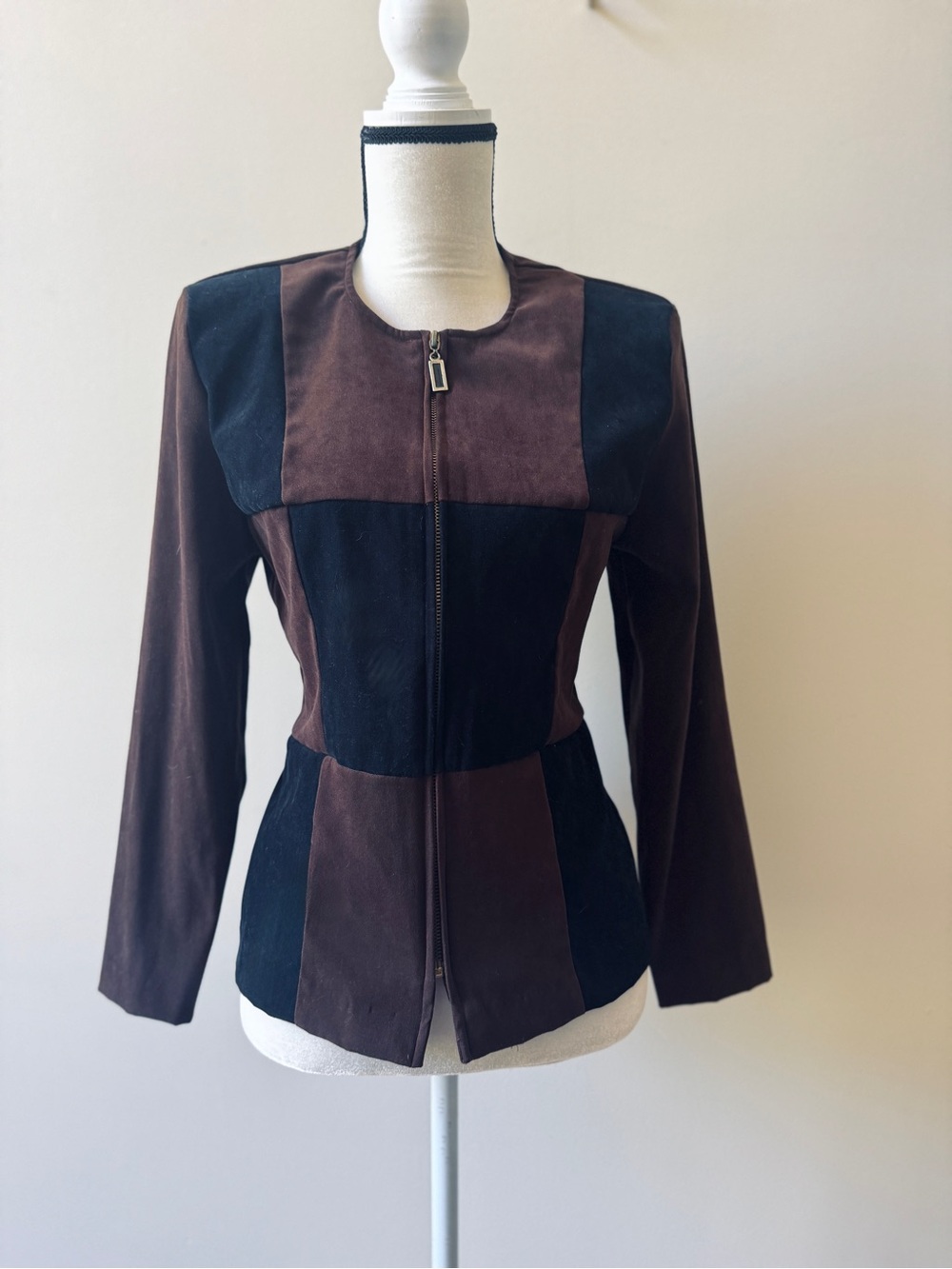 Vintage 80’s Women's Brown & Black faux Suede Zip-Front Jacket